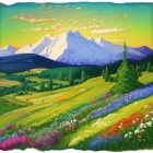 Vibrant wildflower meadows at sunrise with shadowed mountains and scattered pine trees