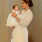 Vintage-style portrait of woman with baby and floral backdrop