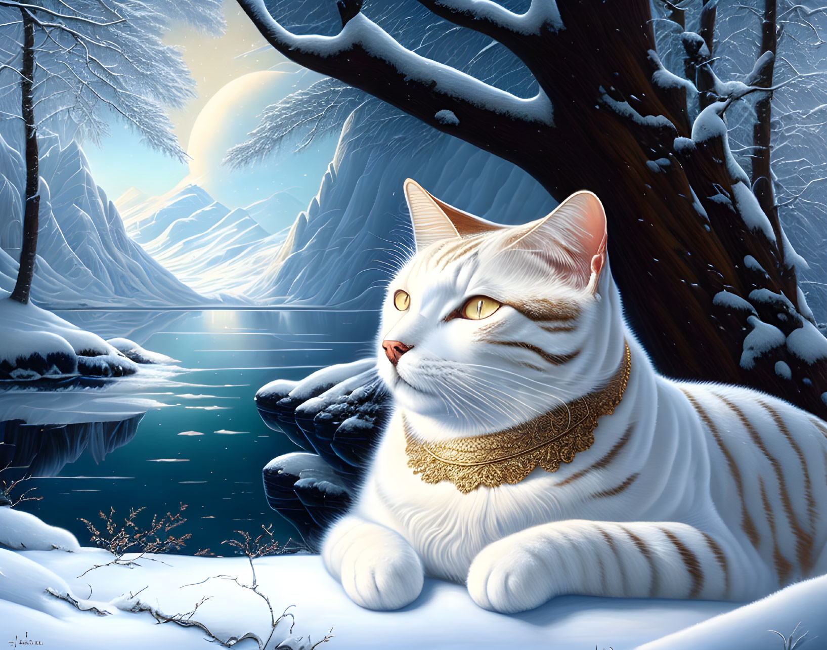 White Cat with Striped Markings and Golden Collar in Snowy Landscape