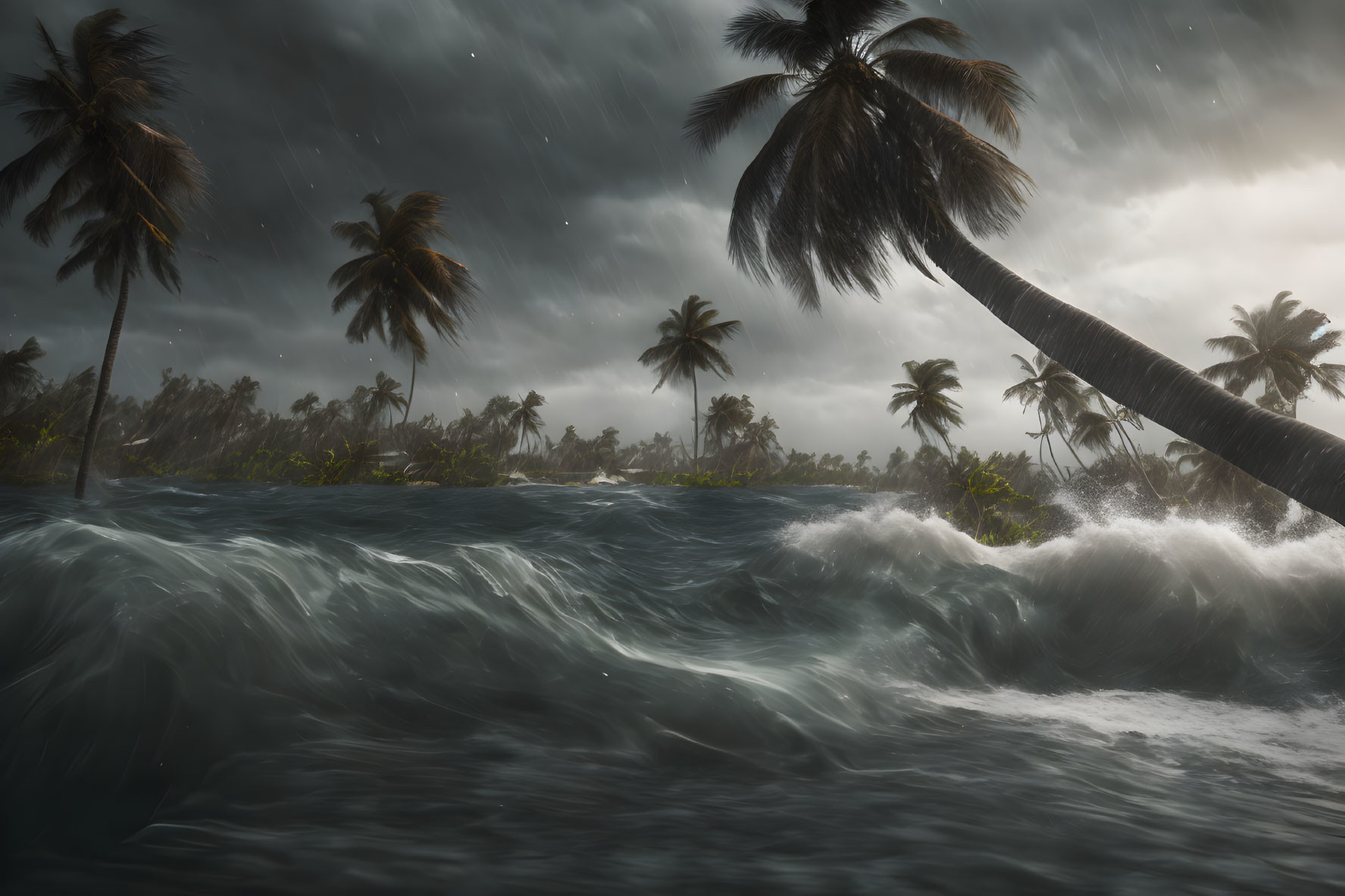 Turbulent waves and palm trees on stormy tropical coast