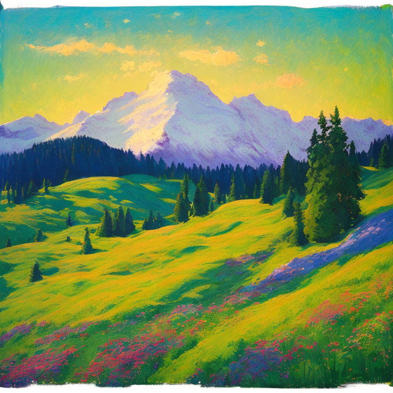 Vibrant wildflower meadows at sunrise with shadowed mountains and scattered pine trees