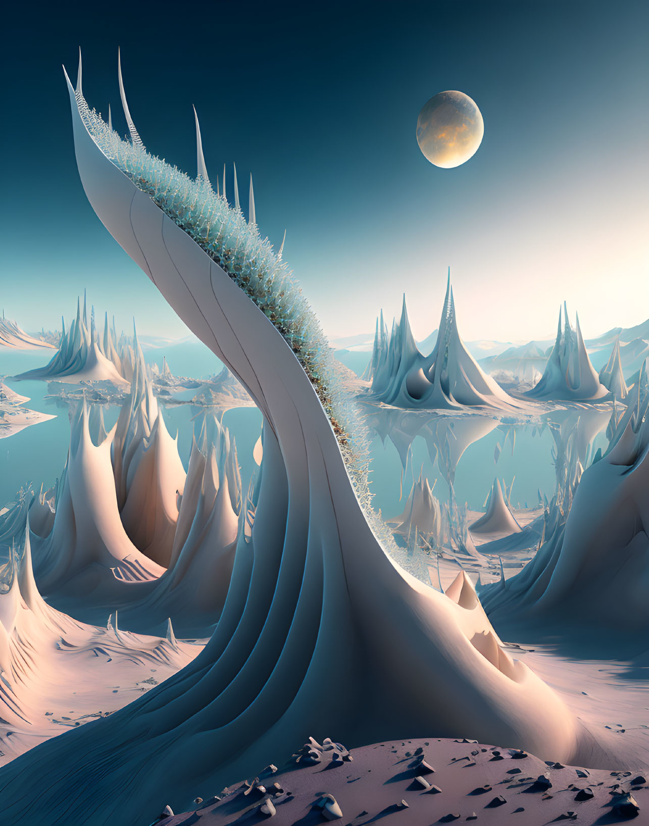 Alien landscape with snaking structure, spiky mountains, reflective water, moon.