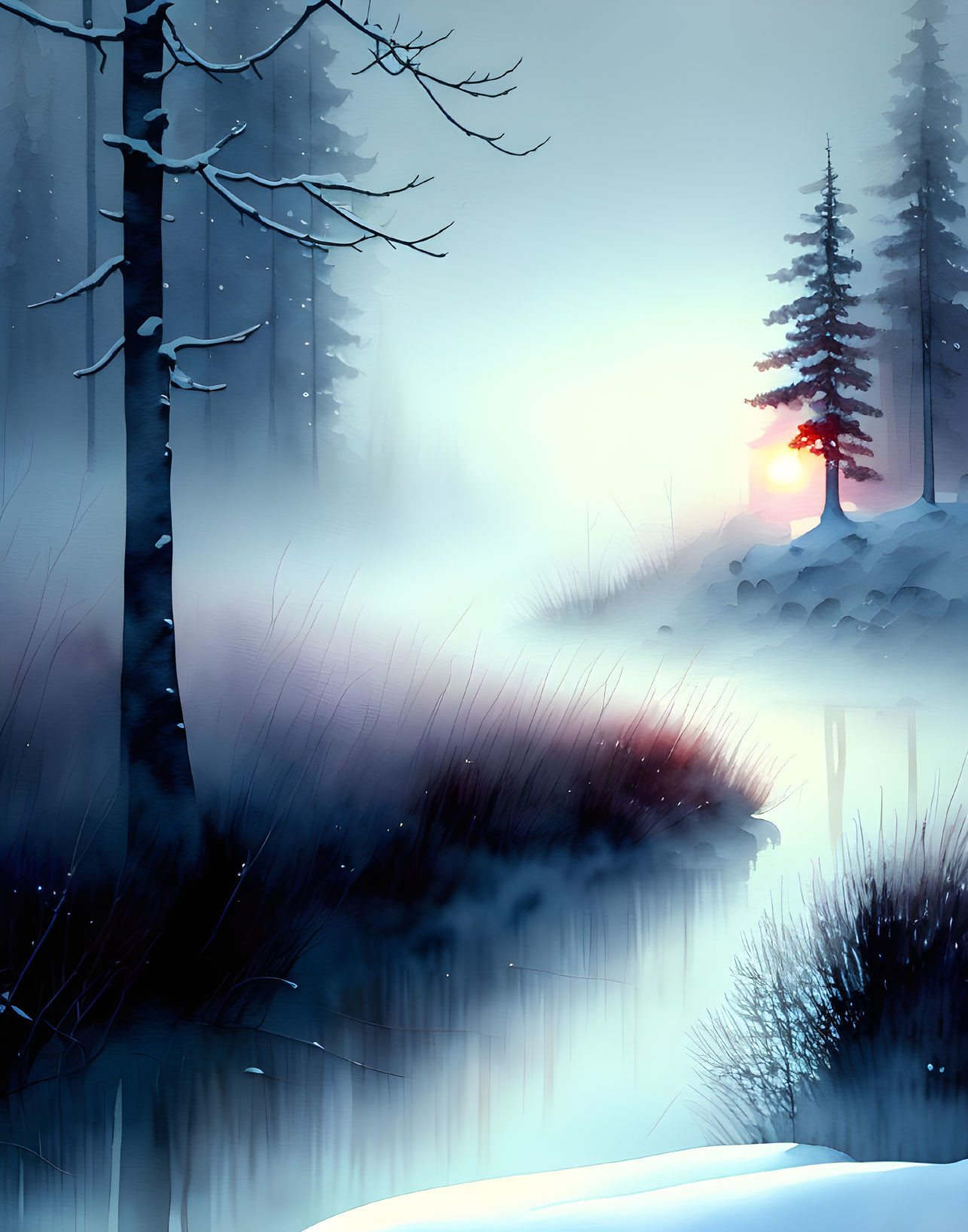 Snow-covered Winter Landscape: Dusk Scene with Trees, Fog, and Sun's Reflection