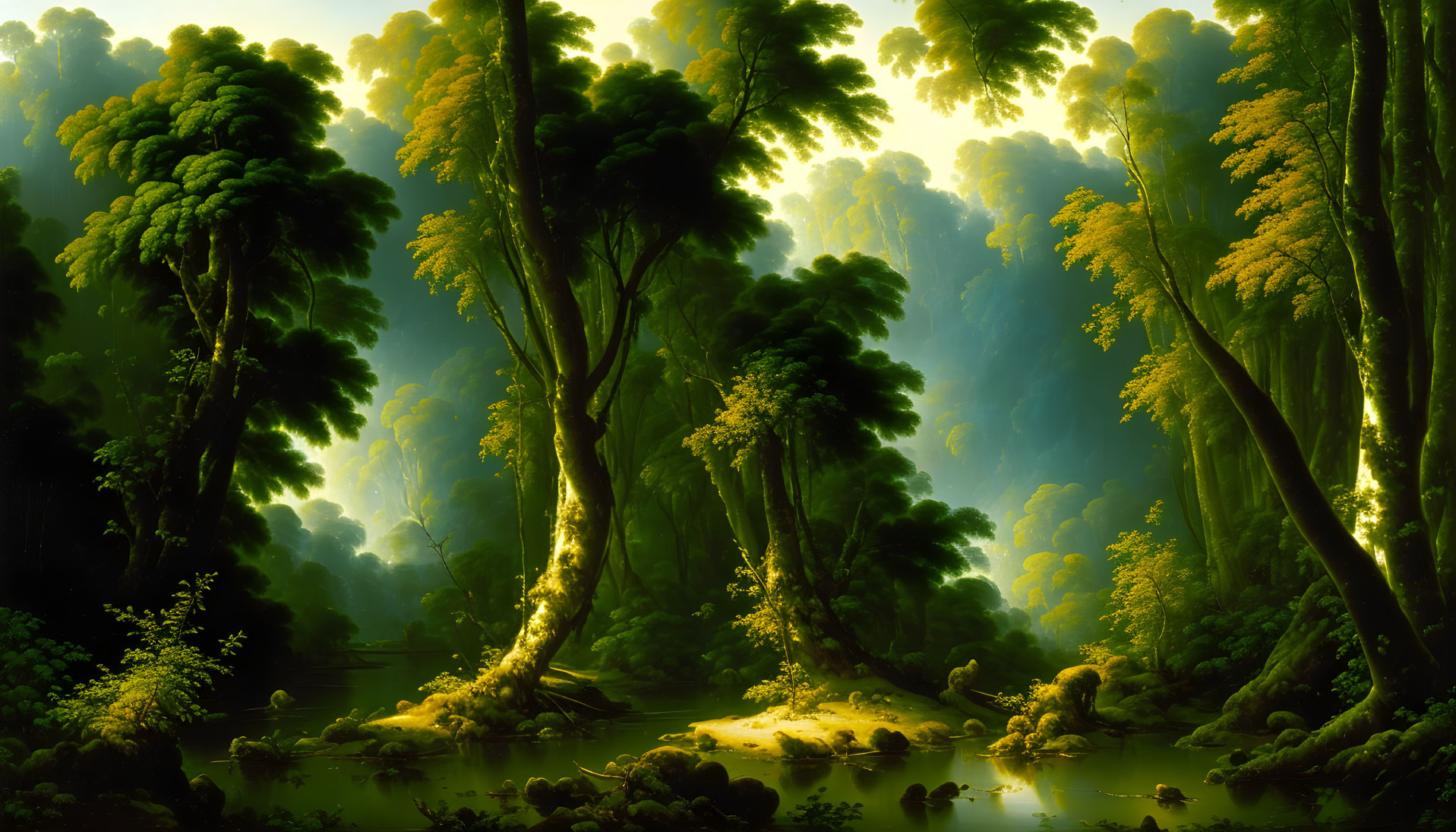 Tranquil forest landscape with tall trees and serene pond