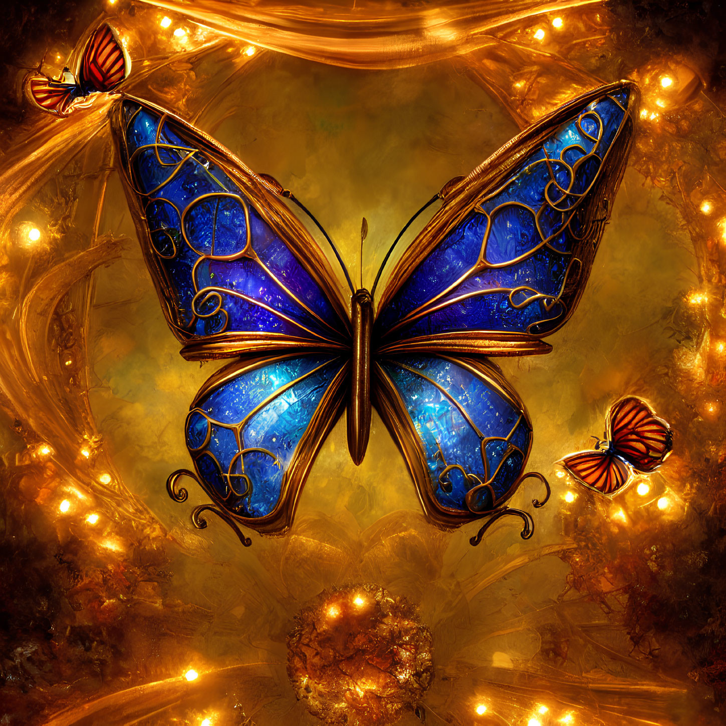 Colorful digital artwork: Blue butterfly with glowing patterns on golden background