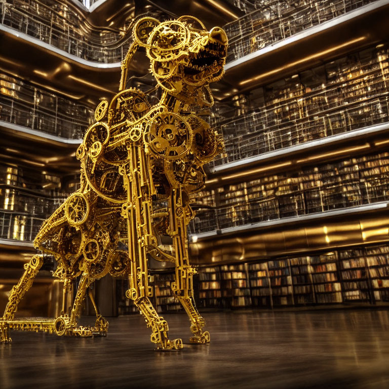 Intricate Golden Mechanical Lion Sculpture in Library