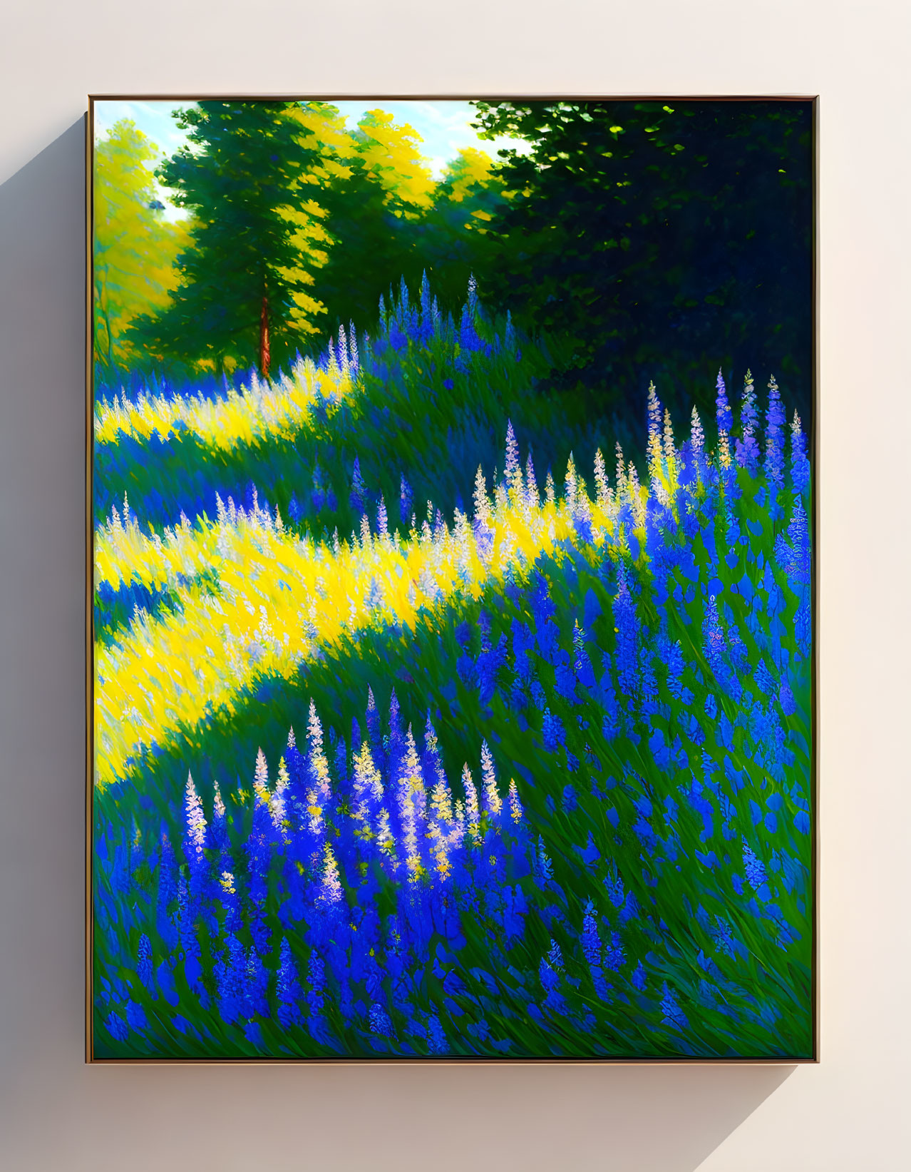 Colorful painting of blue and yellow flowers in sunlit meadow with dark forest.