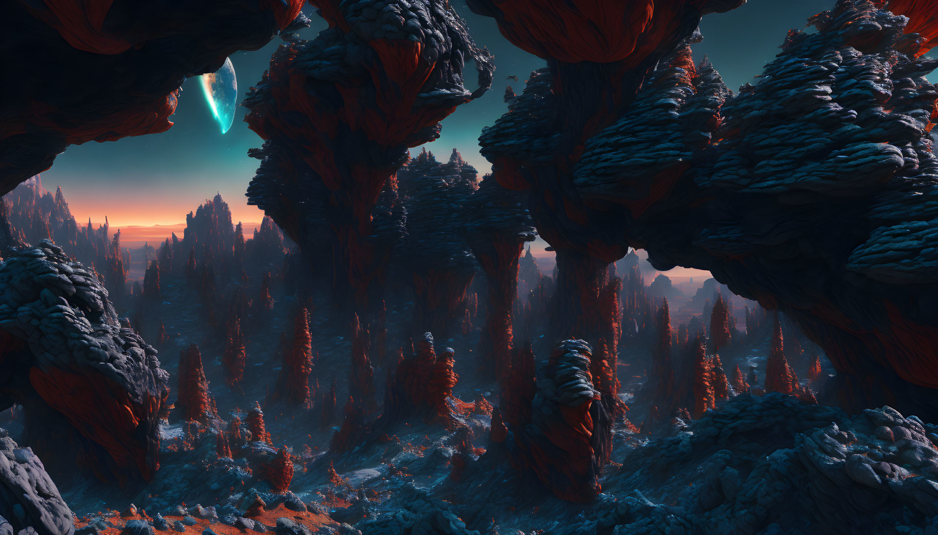 Alien landscape with towering rock formations and blue comet in dusk sky