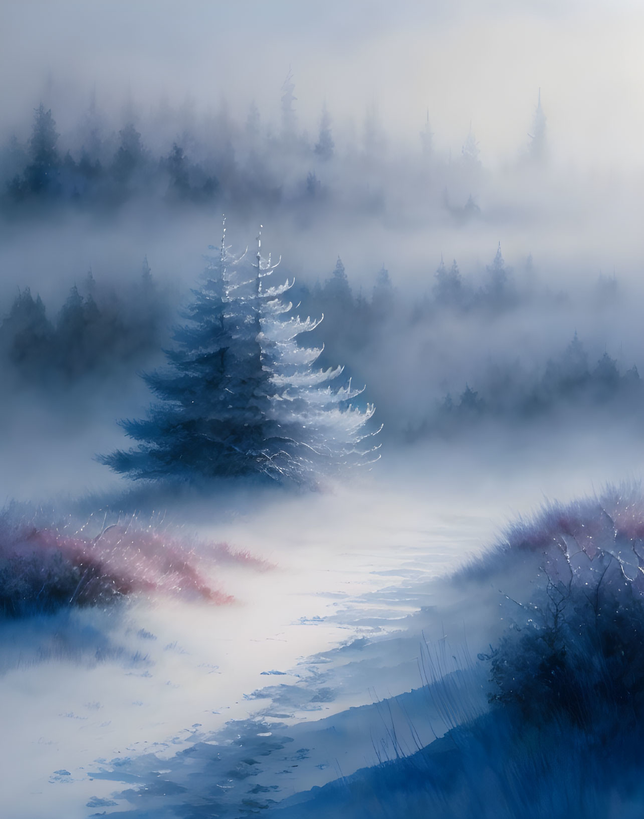 Misty forest landscape with pine tree, frost-covered path, and layers of trees in fog