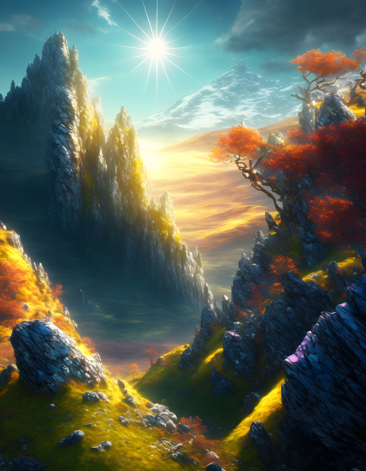 Majestic fantasy landscape with towering cliffs and vibrant autumn trees