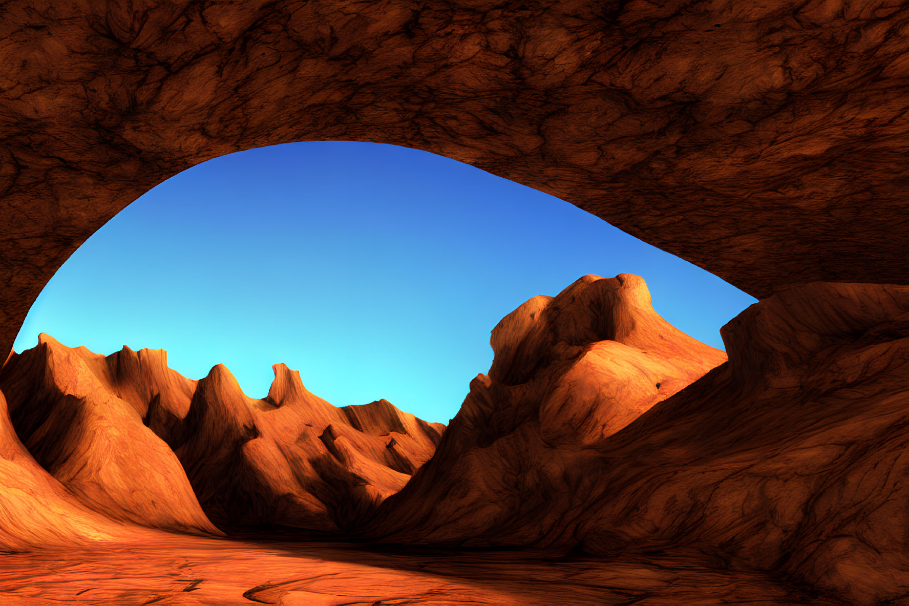 Sunlit Desert Landscape with Textured Rock Formations and Blue Sky