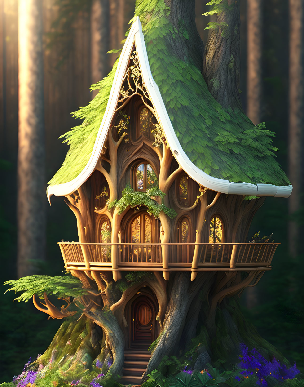 Intricate Wooden Treehouse in Sunlit Forest