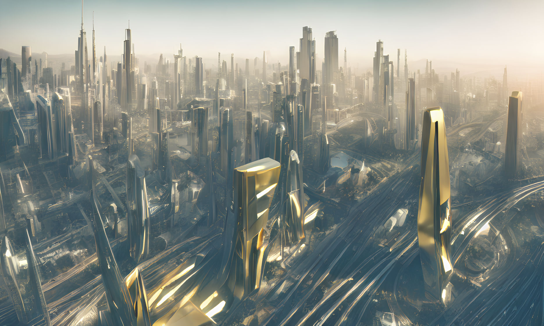 Golden sunlight illuminates futuristic cityscape with skyscrapers and highways