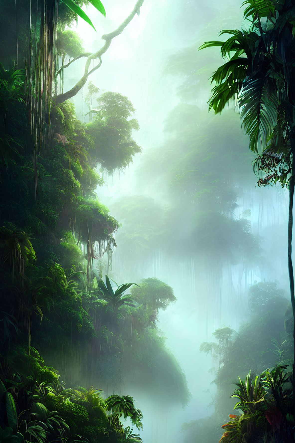 Misty rainforest with lush greenery and fog-covered trees