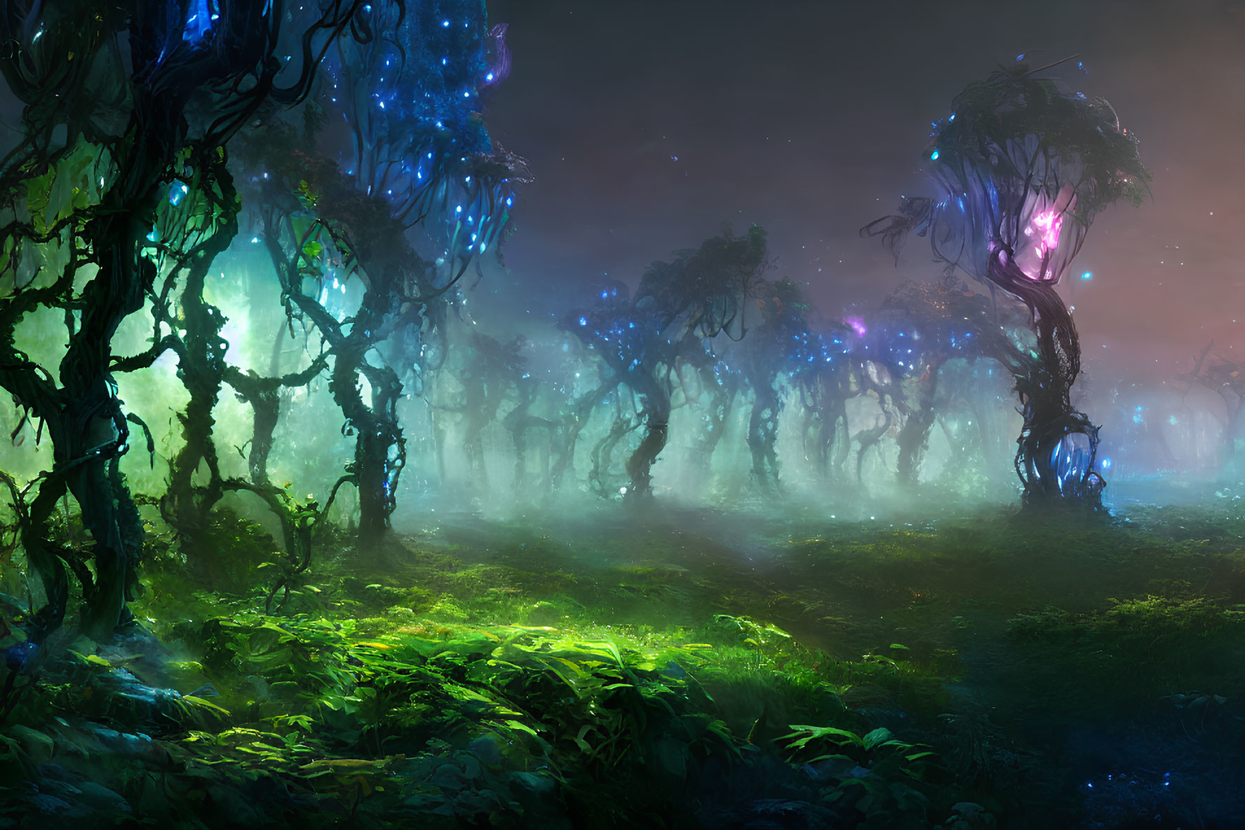 Fantasy forest with glowing blue and purple flora under ethereal light
