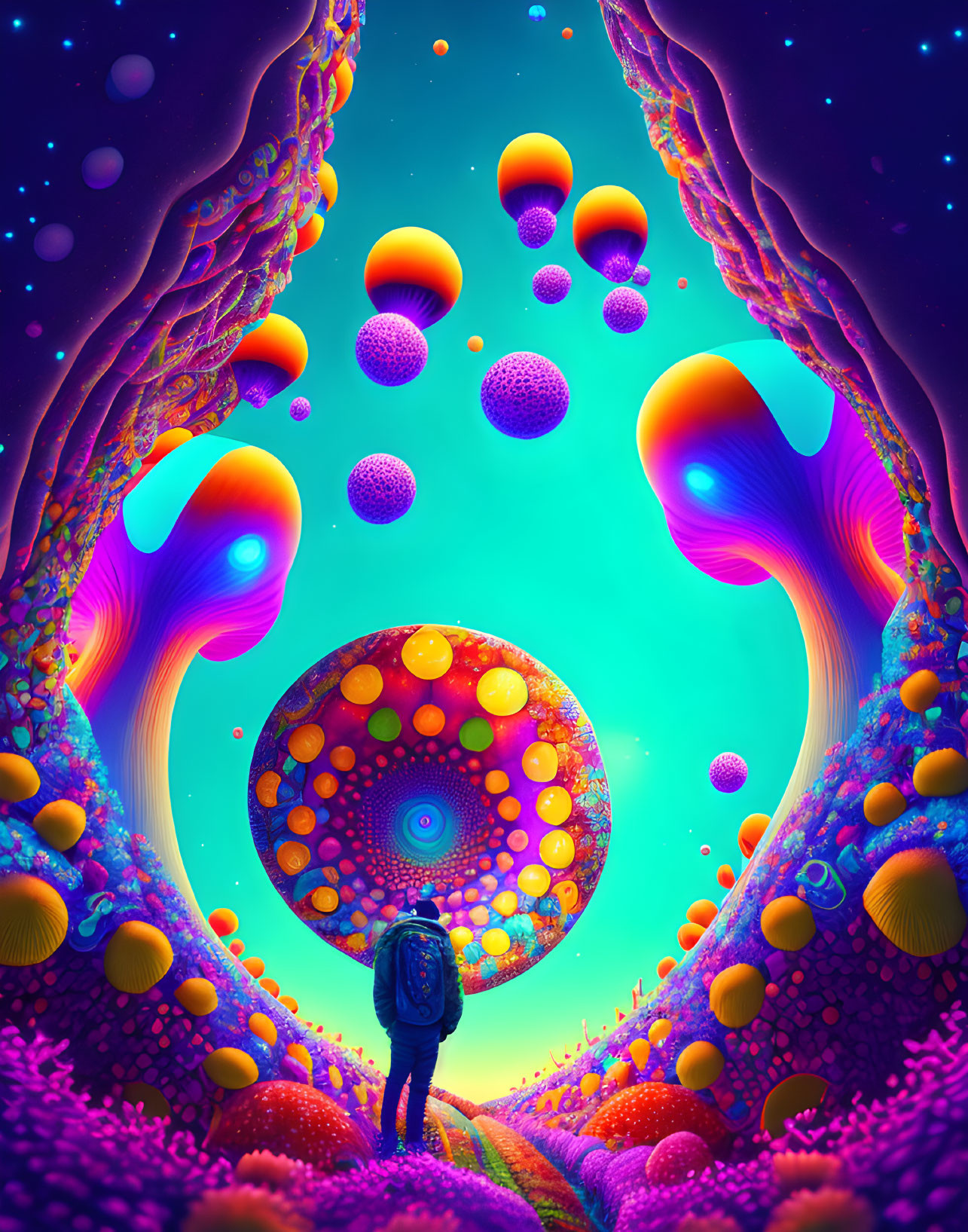 Colorful Psychedelic Vortex Surrounded by Alien Flora and Floating Orbs