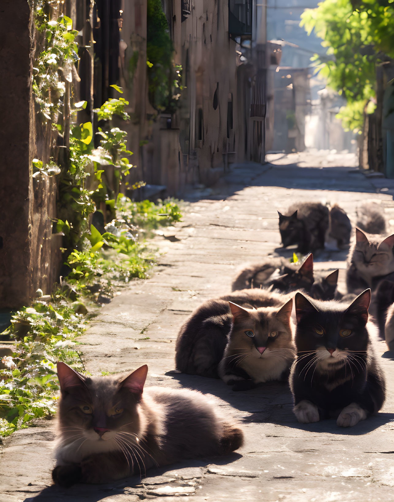 Cats lounging in sunlight on cobblestone alley