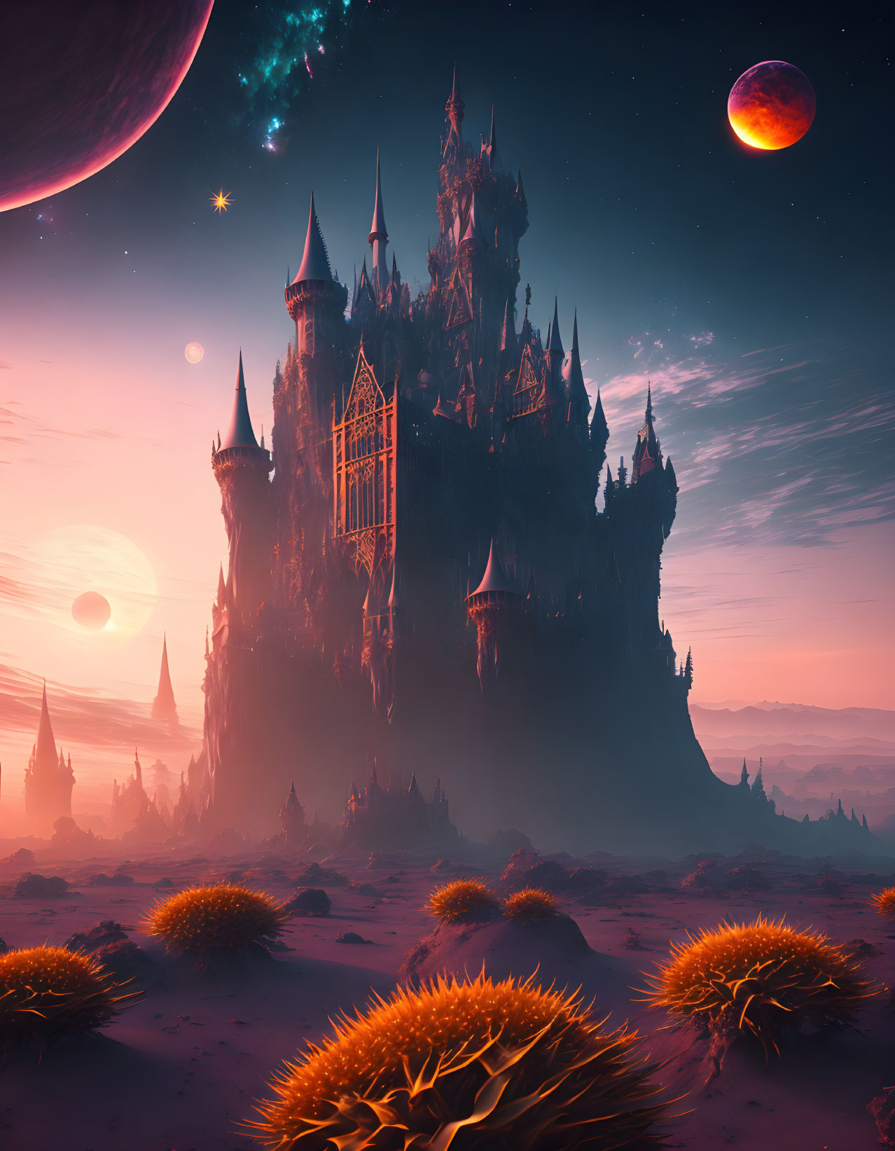 Fantasy landscape with gothic castle, pink twilight sky, two moons, spiny flora, rolling