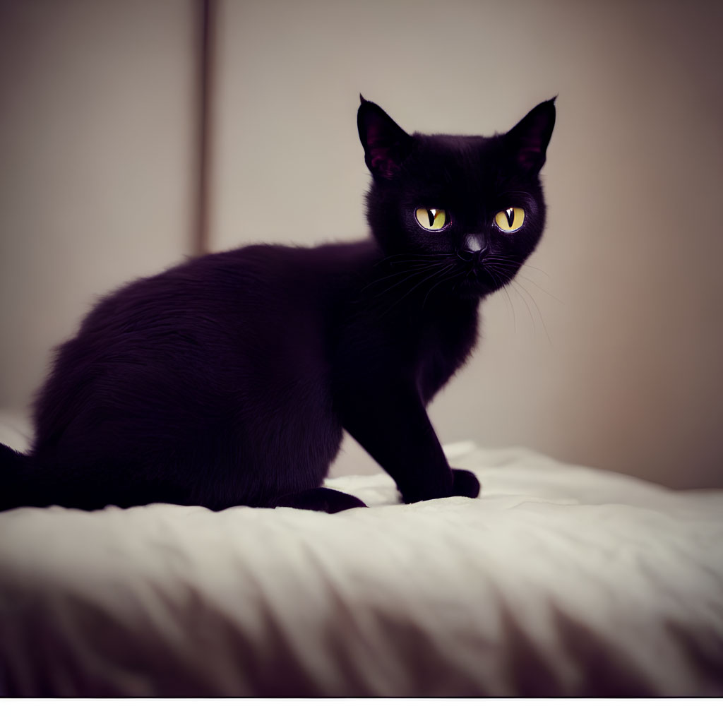 Black Cat with Striking Yellow Eyes on White Bedspread