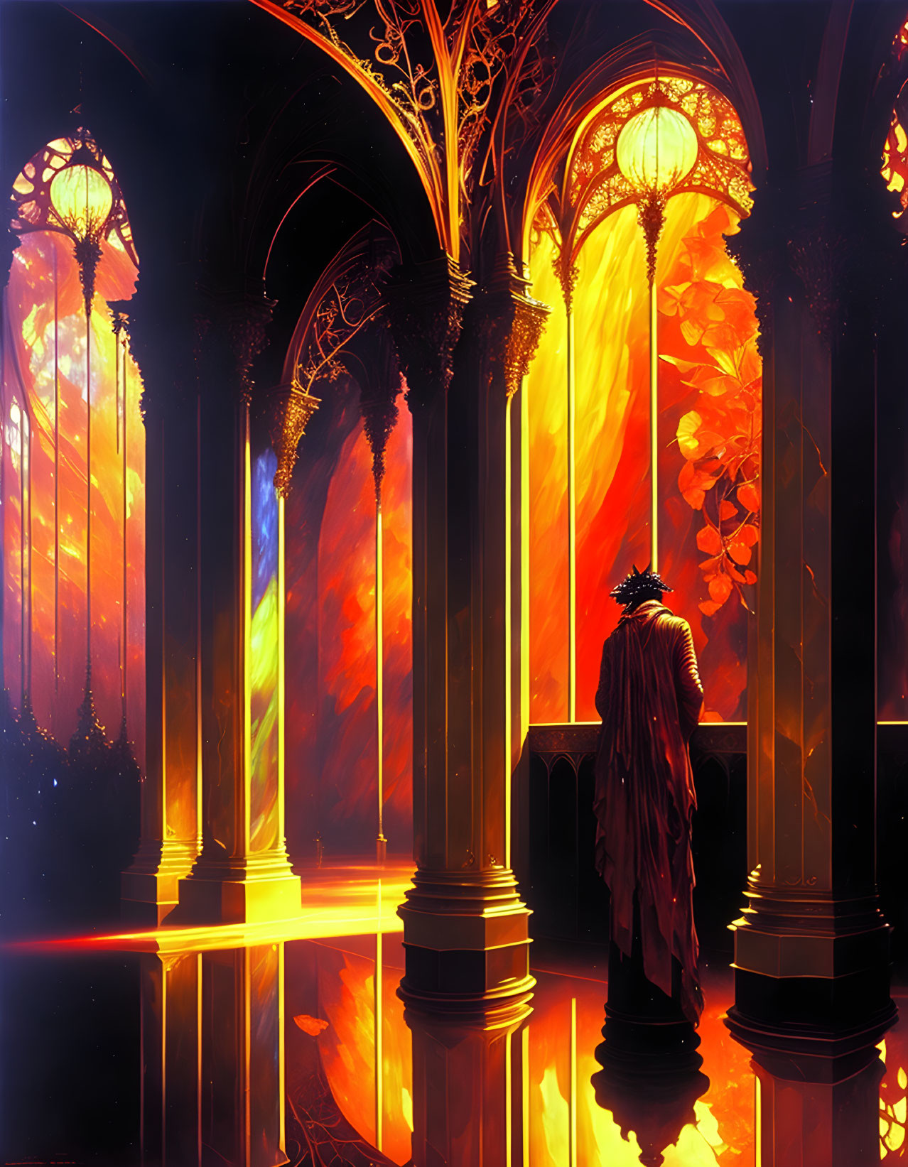 Cloaked figure in ornate gothic corridor with vibrant lighting