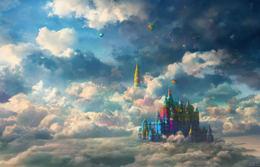 Colorful Castle Soars Above Clouds with Hot Air Balloons