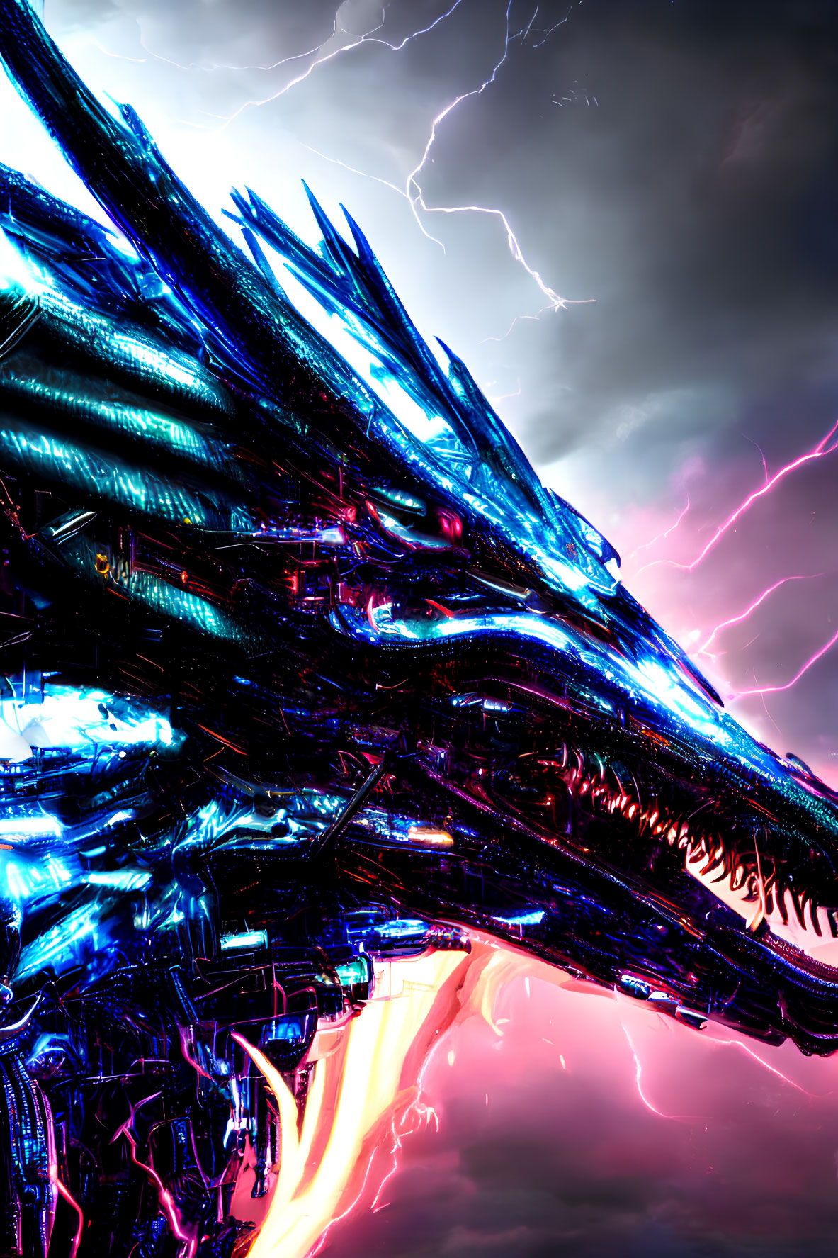 Metallic Dragon with Glowing Blue Lines in Stormy Sky