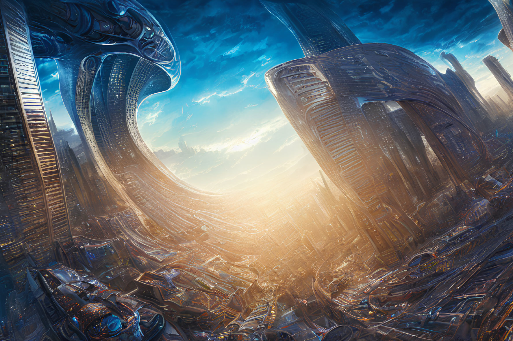 Futuristic cityscape with curved buildings and flying vehicles under a sunny blue sky