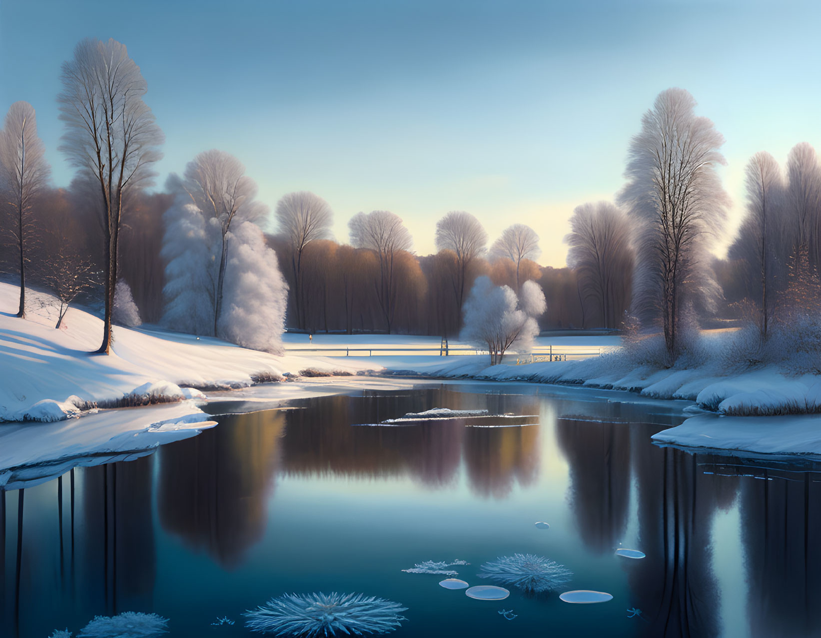 Tranquil winter landscape with snow-covered trees, serene lake, and delicate ice formations