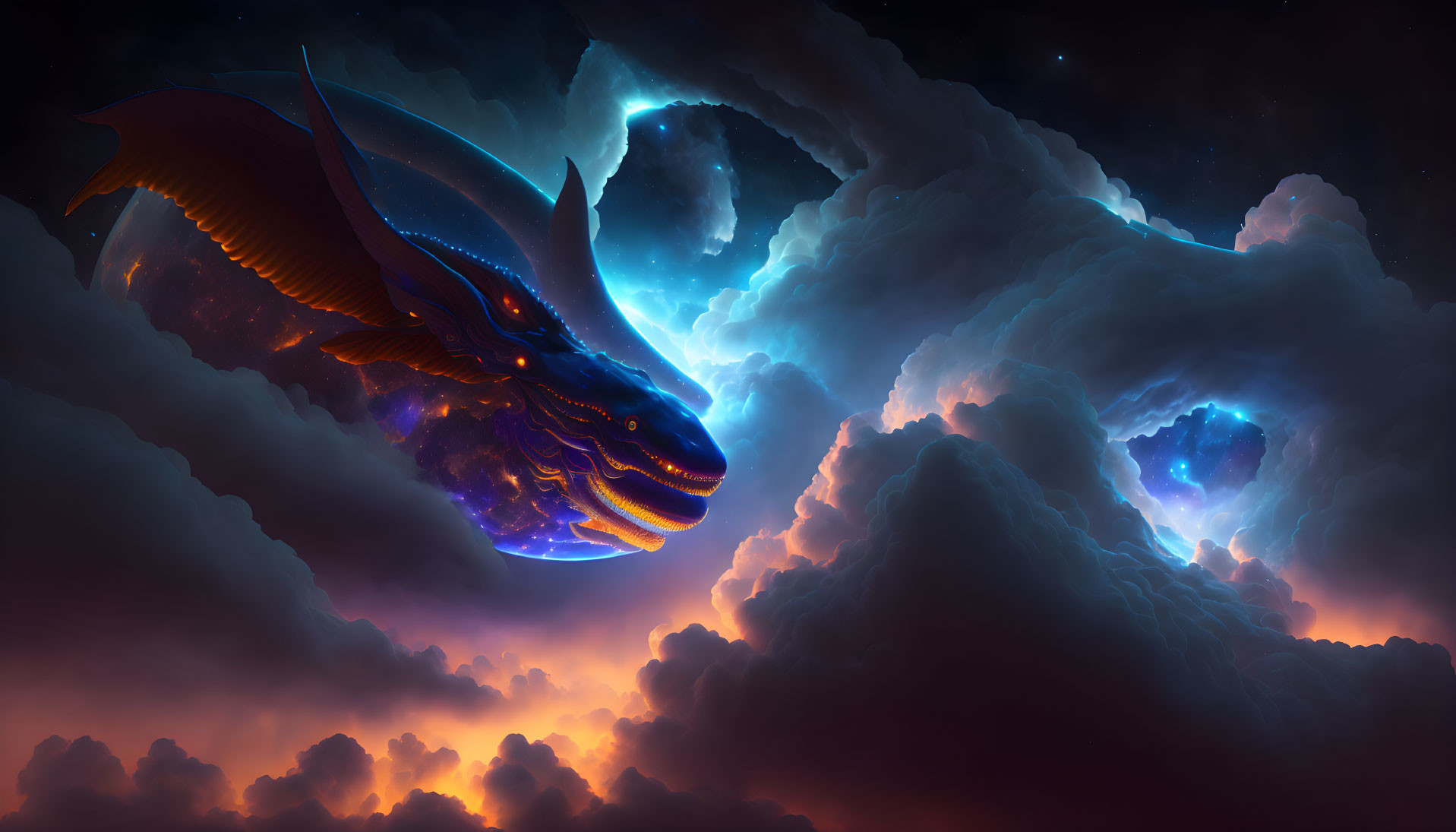 Glowing mythical dragon in vibrant cosmic cloudscape