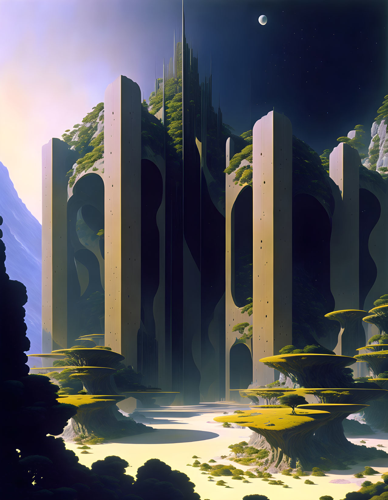 Fantastical landscape with towering pillars, greenery, reflective water, and visible moon