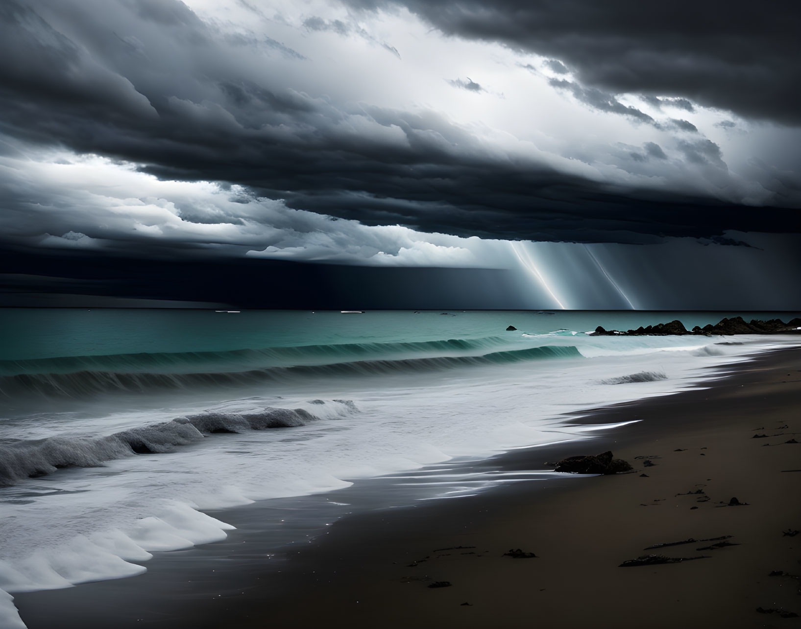 Stormy Beach Scene: Dark Clouds, Crepuscular Rays, Turquoise Sea