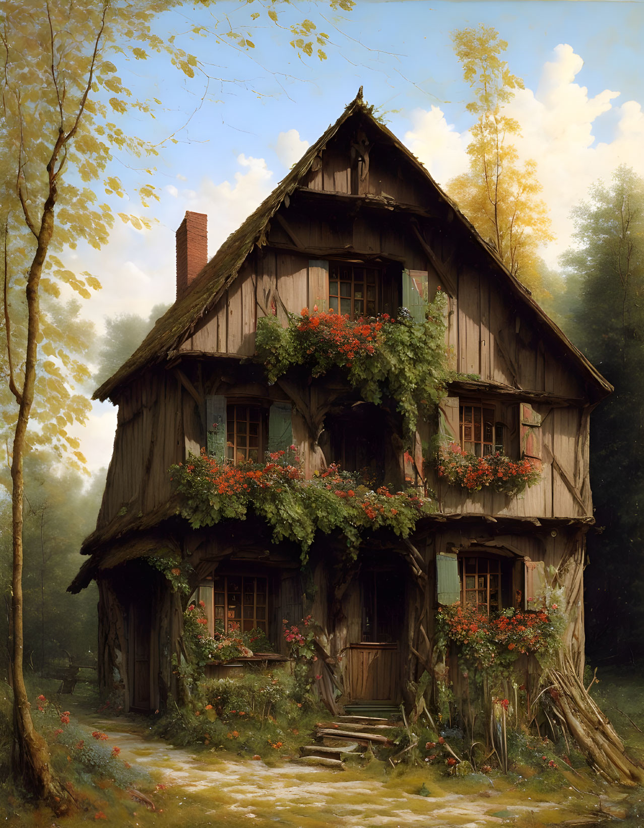 Thatched Roof Wooden Cottage with Red Flowers in Forest Clearing