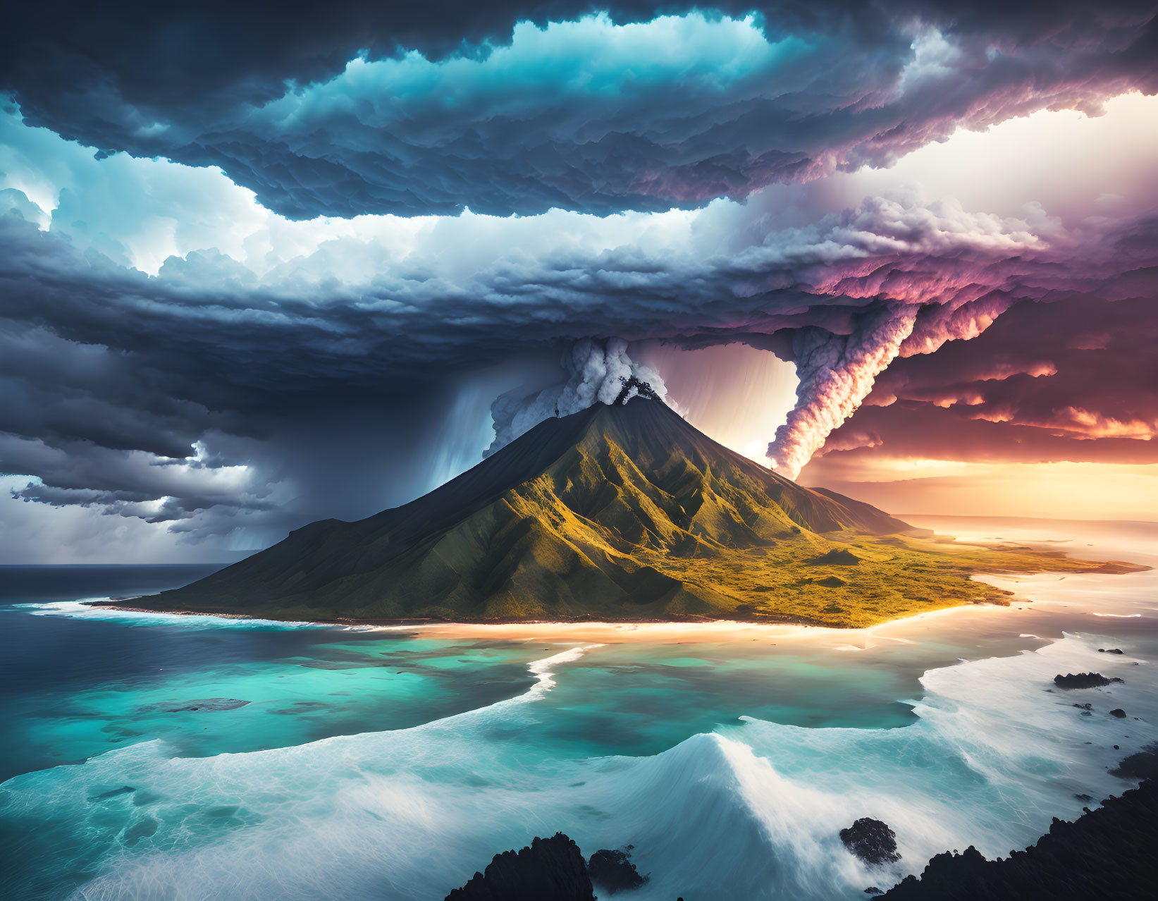 Volcanic eruption with smoke and ash plumes in stormy sky near lush landscape and turquoise sea