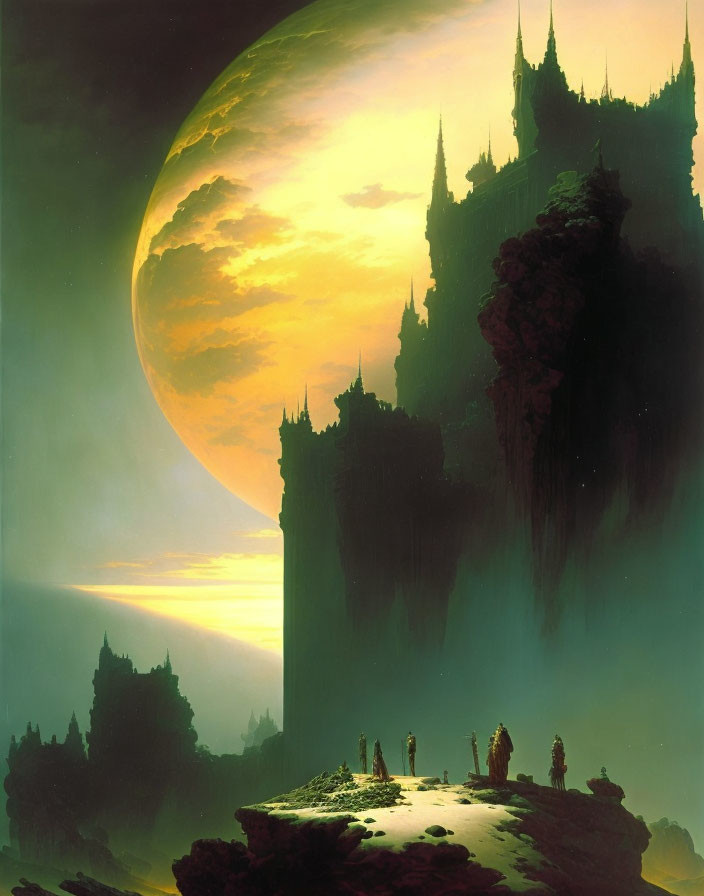 Fantasy landscape with towering castles, figures, and large planet in greenish-yellow sky