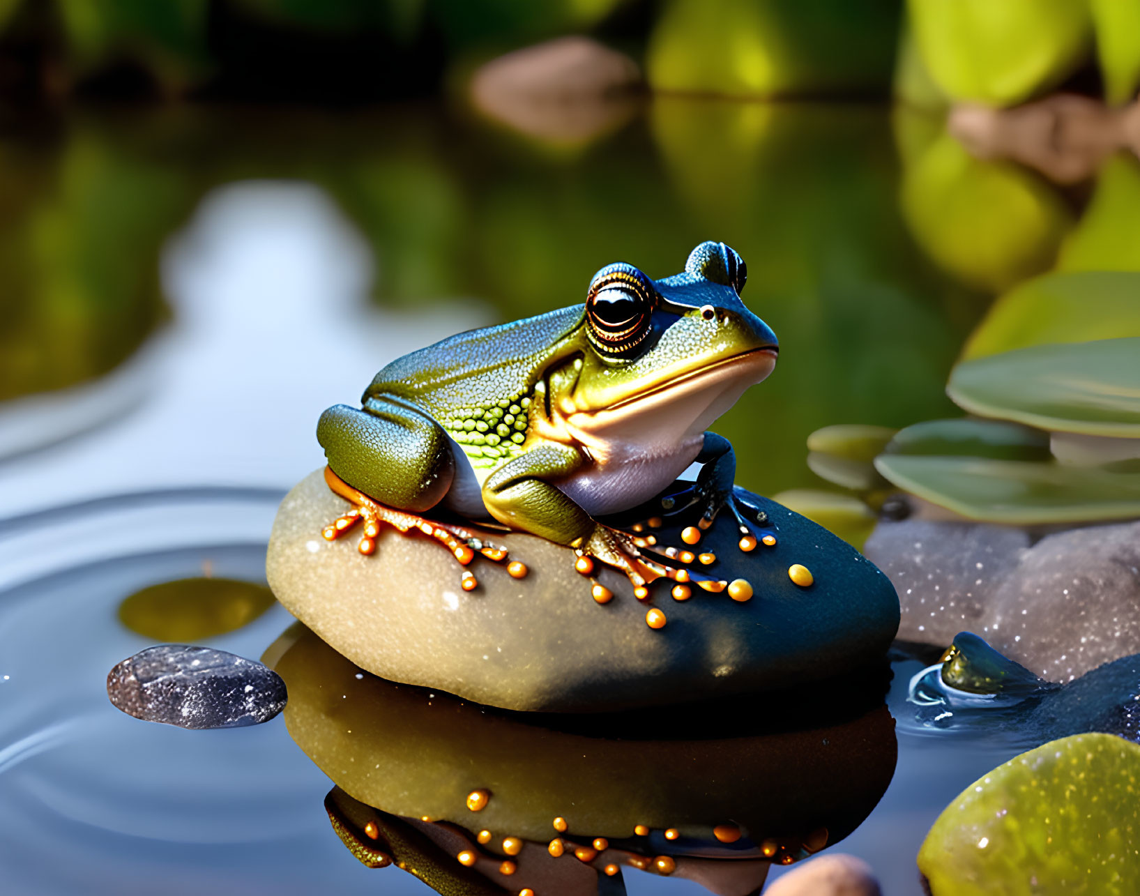 Green Frog with Orange Speckles on Smooth Rock in Serene Pond