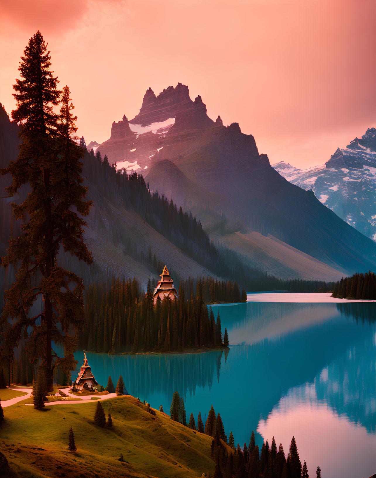 Pink Sunset Over Mountain Lake with Lodge Among Evergreens