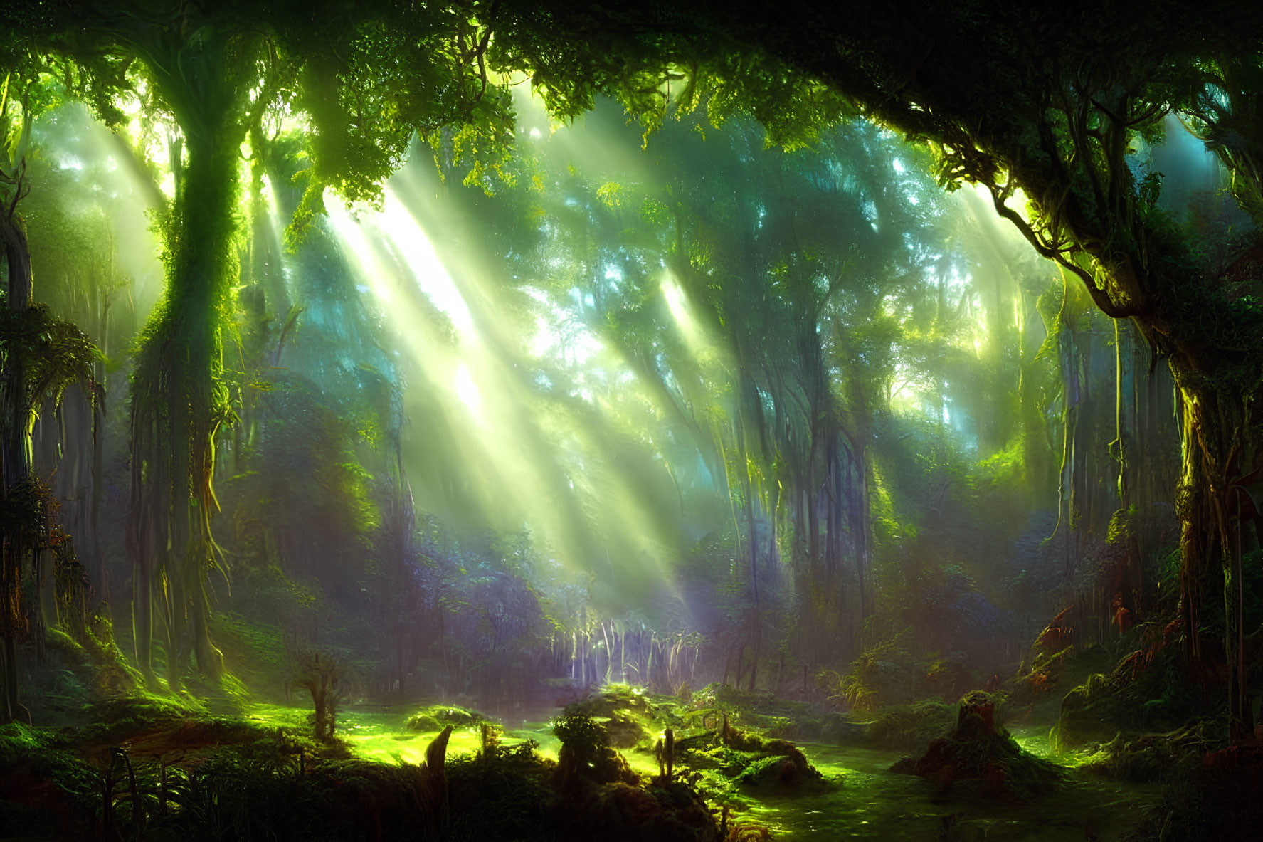 Vibrant forest scene with sunlight illuminating mist and greenery