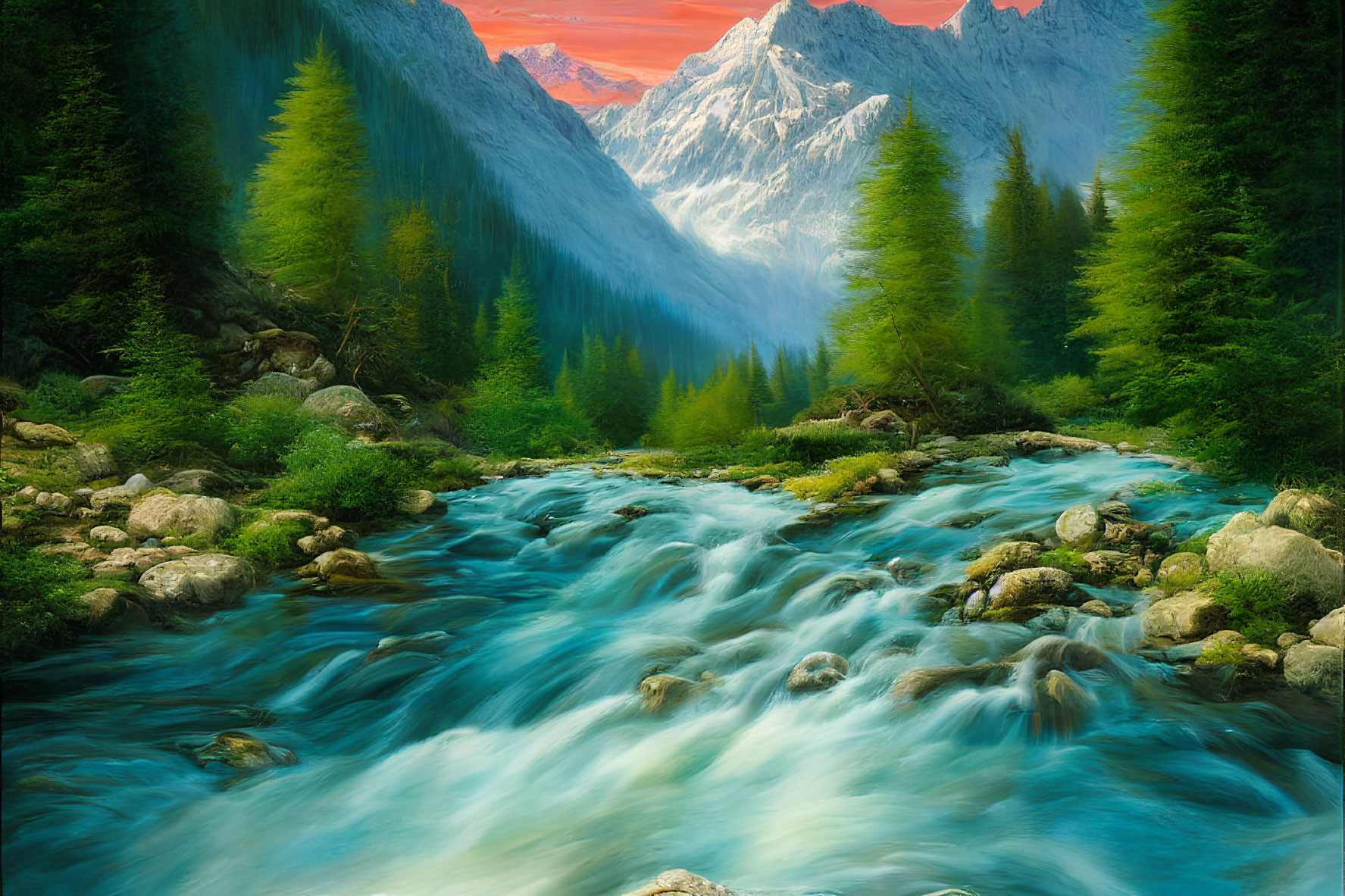 Scenic landscape with river, trees, mountains, and pink sky