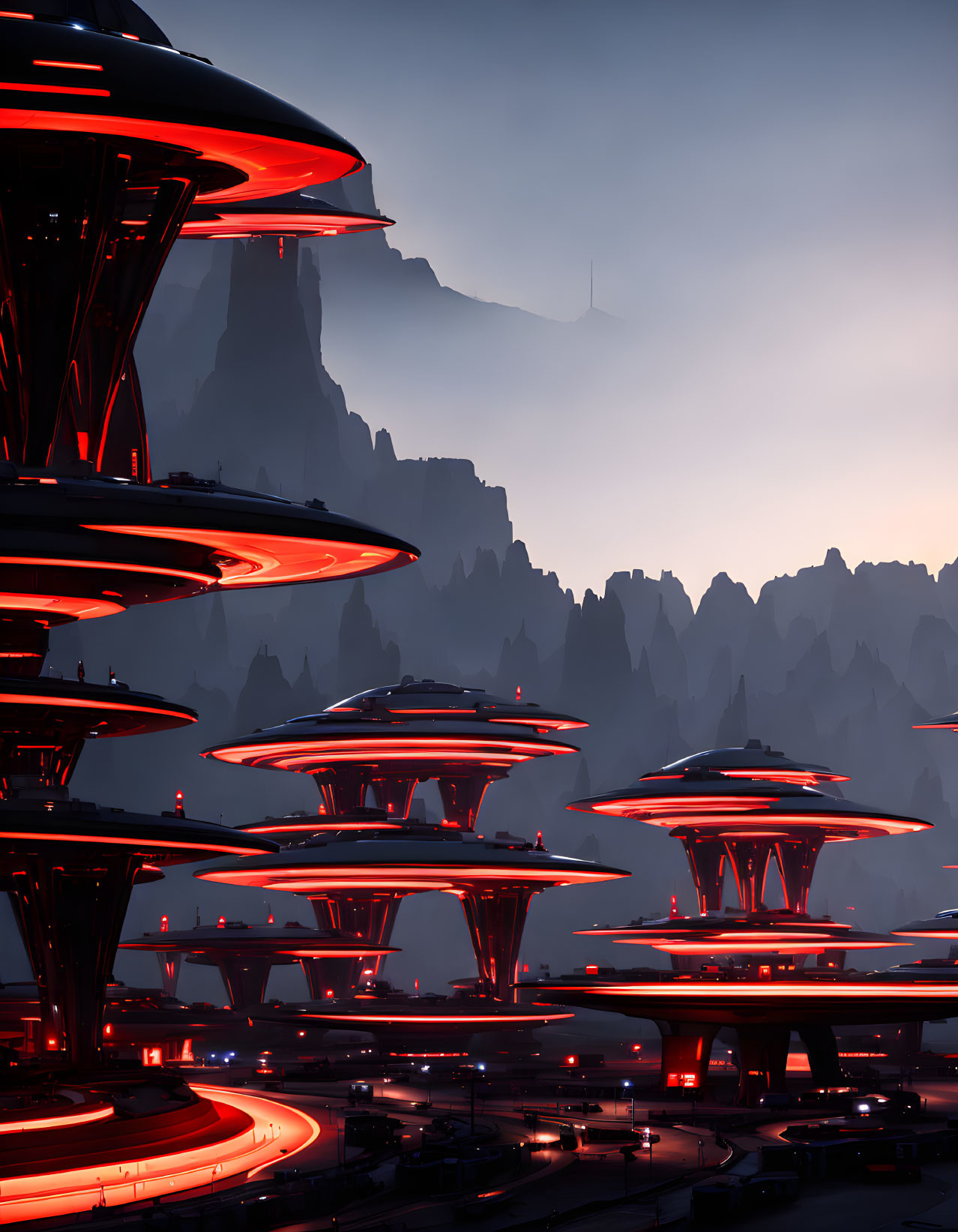 Futuristic cityscape with neon-lit mushroom structures in rocky mountain setting