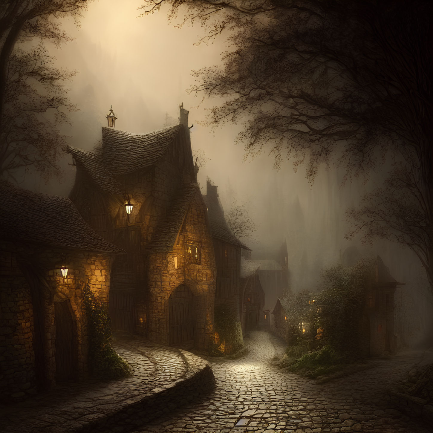 Mystical foggy cobblestone street with warm glowing lights in old-world cottages