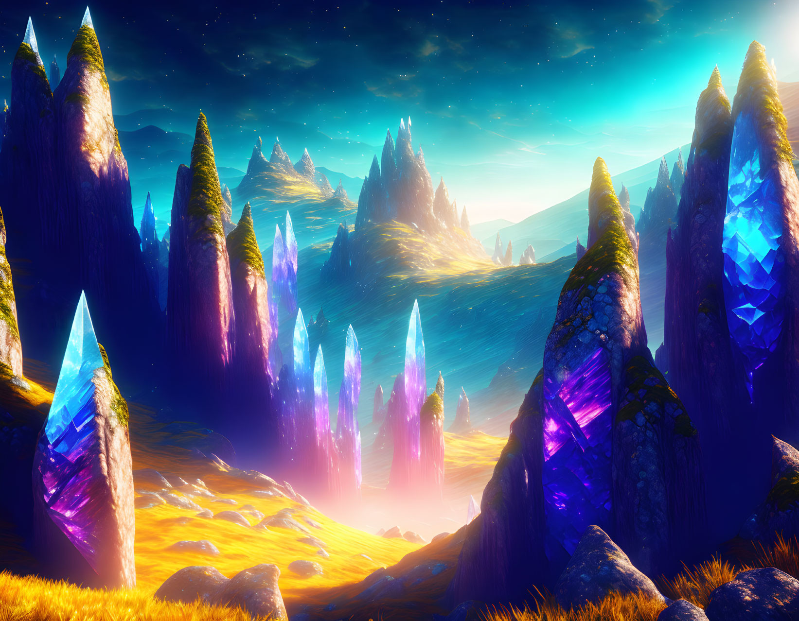 Vibrant crystal formations in a fantasy landscape