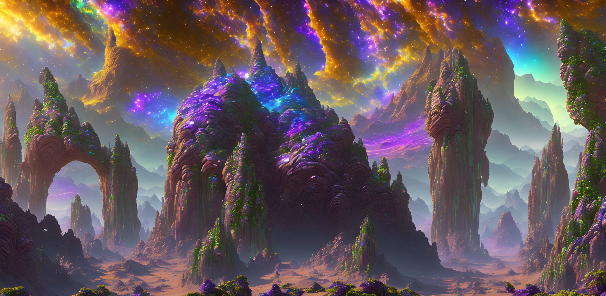 Colorful alien landscape with towering rock formations and lush vegetation