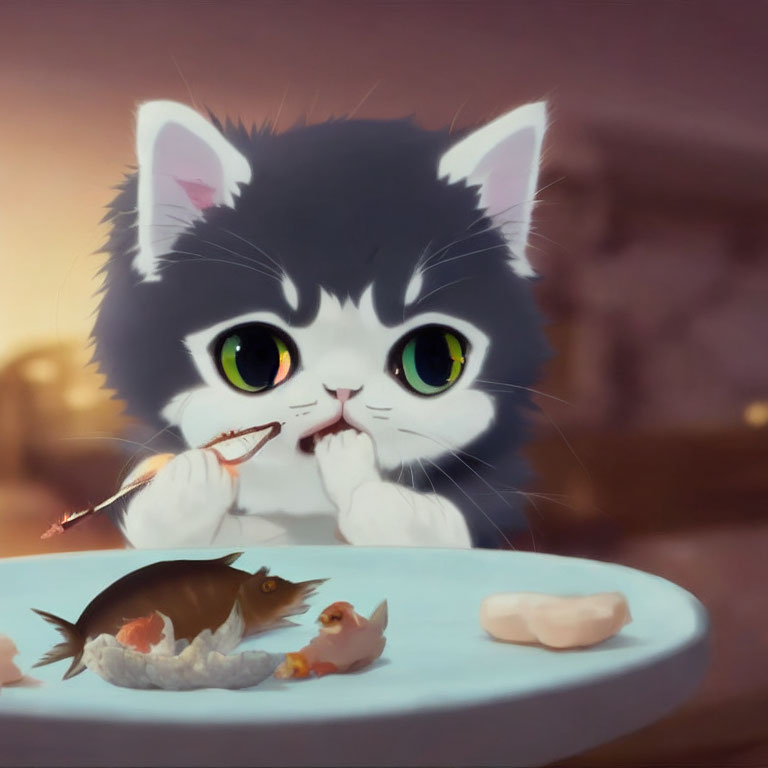 Guilty animated kitten nibbling on a fish bone at a table