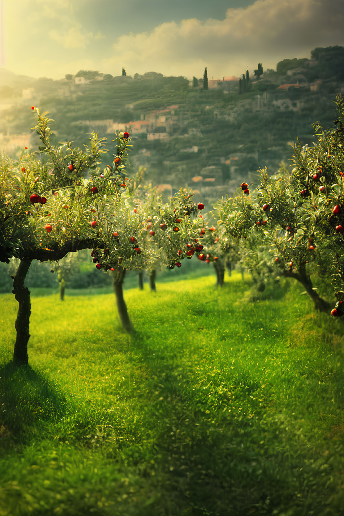 Scenic orchard with ripe red apples and distant town view