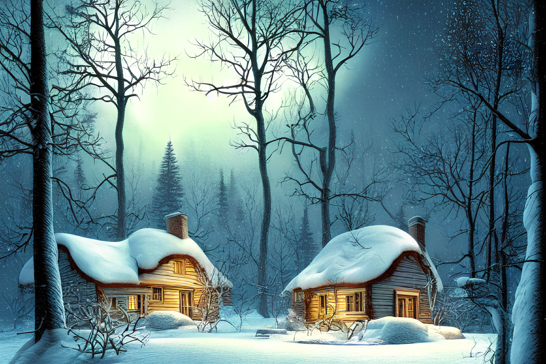 Winter Forest Night Scene: Snow-Covered Cabins and Glowing Windows