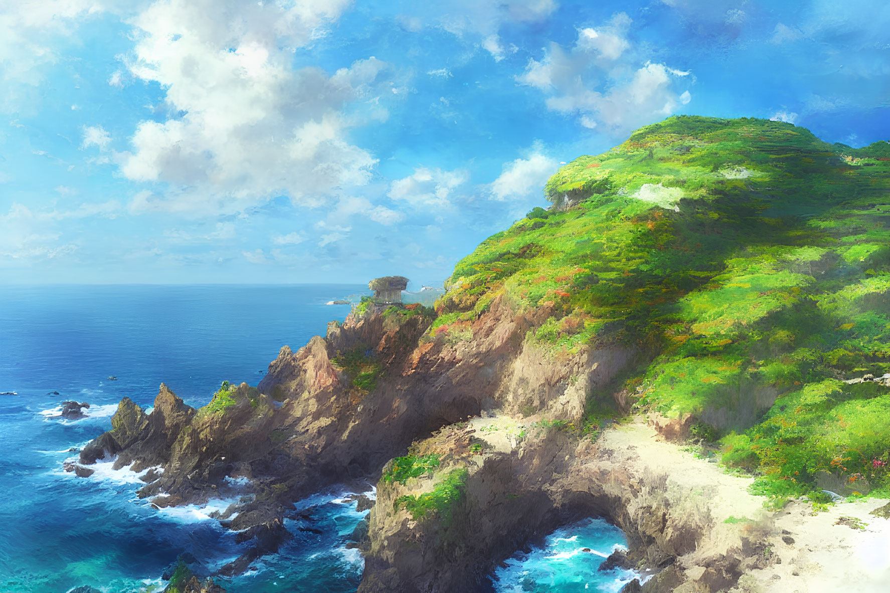 Scenic green cliffside above vibrant blue ocean