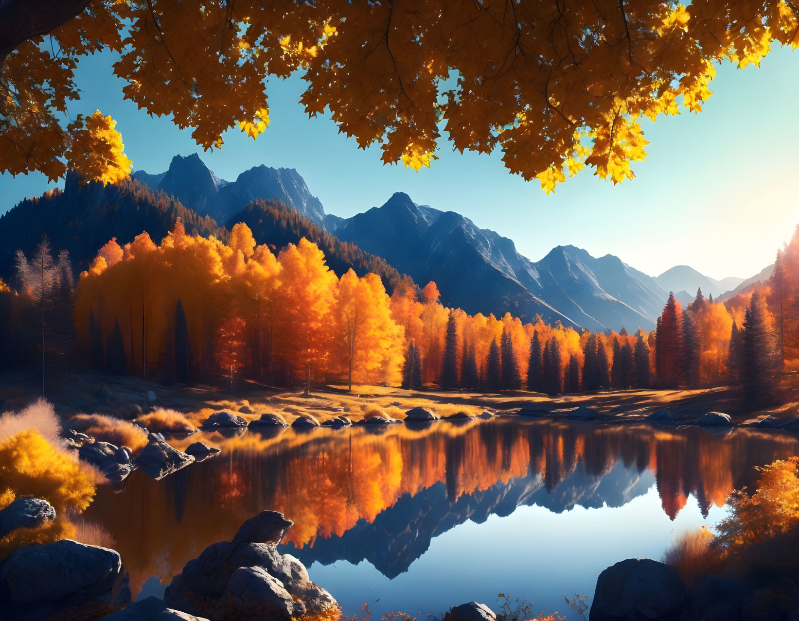 Tranquil autumn landscape with reflective lake, vibrant foliage, and majestic mountains