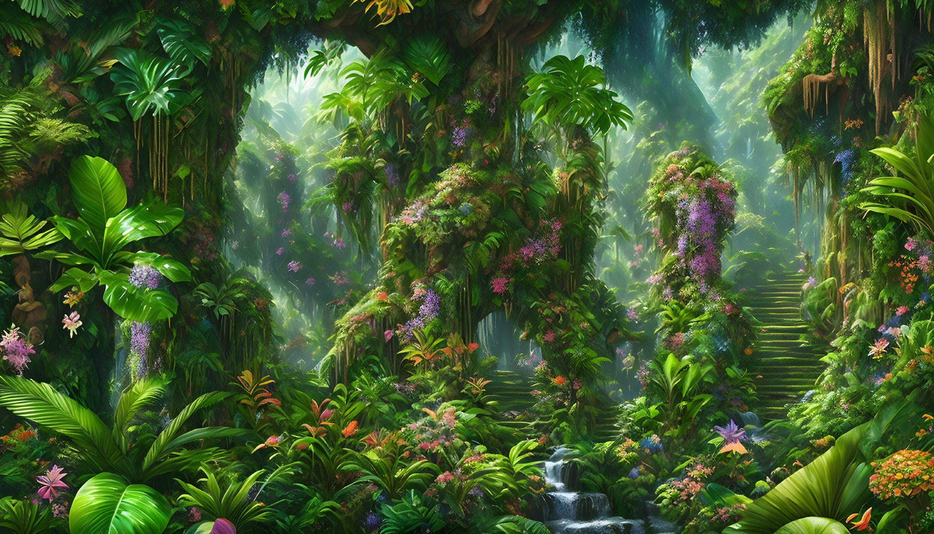 Vibrant jungle scene with waterfall and misty light.