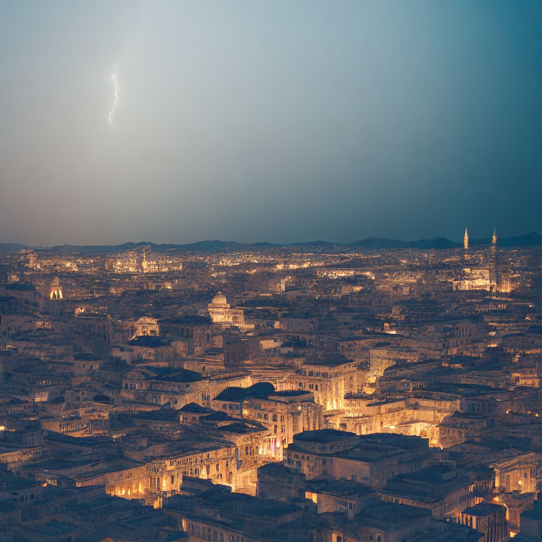 Cityscape at Dusk: Panoramic View with Illuminated Buildings & Lightning Bolt