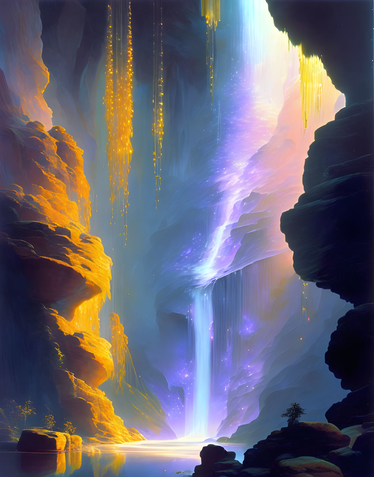 Mystical cave with glowing waterfalls and blue light amidst shadowy rock formations